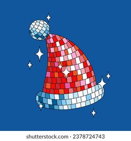 Disco mirror Santa hat in cartoon style on blue background.
Cute Christmas card. Vector funky illustration.