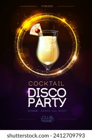 Disco modern cocktail party poster with neon golden sphere and realistic 3d pina colada cocktail. Vector illustration