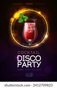 Disco modern cocktail party poster with neon golden sphere and realistic 3d bloody mary cocktail. Vector illustration