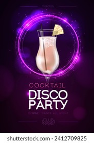 Disco modern cocktail party poster with neon violet sphere and realistic 3d pina colada cocktail. Vector illustration