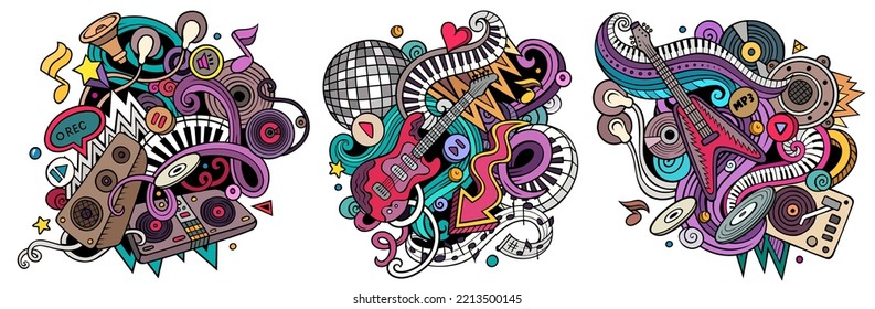 Disco music cartoon vector doodle designs set. Colorful detailed compositions with lot of musical objects and symbols. Isolated on white illustrations