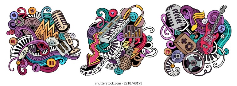 Disco music cartoon vector doodle designs set. Colorful detailed compositions with lot of musical objects and symbols. Isolated on white illustrations