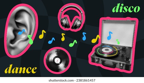 disco music collage set with headphones vinyl record player and ear in y2k bright colors on dark checkered background grunge halftone effect dotted punk texture magazine