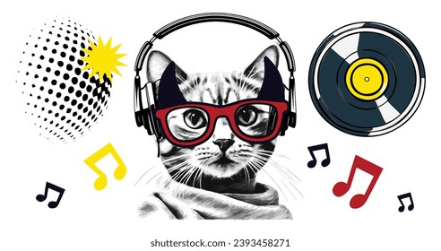 Collage de música disco con auriculares en un reproductor de discos de vinilo y gato. Ilustración vectorial de fondo moderna