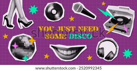 disco music collage set with vinyl record player disco ball high-heeled shoes microphone headphone smiling mouth vintage halftone cutout elements trendy retro 90s magazine style