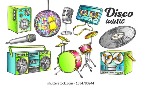 Disco Music Collection Elements Ink Set Vector. Cassette Tape And Vinyl, Drum And Microphone, Loud Speaker And Player Engraving Template Hand Drawn In Vintage Style Color Illustrations