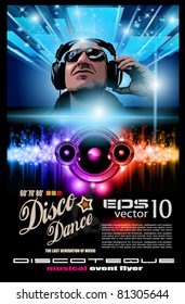 Disco Music Flyer with Disk Jockey Shape and Rainbow lights. Ready for Poster of night event.