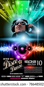 Disco Music Flyer with Disk Jokey Shape and Rainbow lights. Ready for Poster of night event.