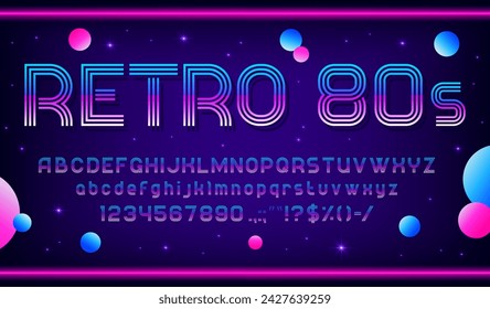 Disco music font, retro dj type, 80s typeface, English alphabet. Vintage vector neon glowing fluorescent abc letters, digits and signs with purple gradient and three stripes with sparks in 1980s style