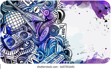 Disco Music hand drawn doodle banner. Cartoon detailed flyer. Musical identity with objects and symbols. Watercolor vector design elements background