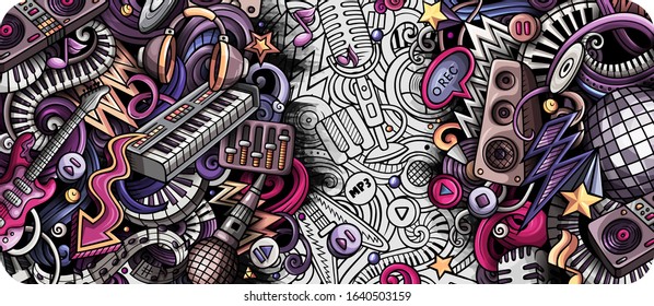 Disco Music hand drawn doodle banner. Cartoon detailed flyer. Musical identity with objects and symbols. Color vector design elements background