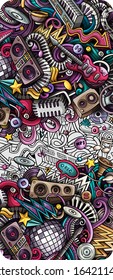 Disco Music hand drawn doodle banner. Cartoon detailed flyer. Musical identity with objects and symbols. Color vector design elements background