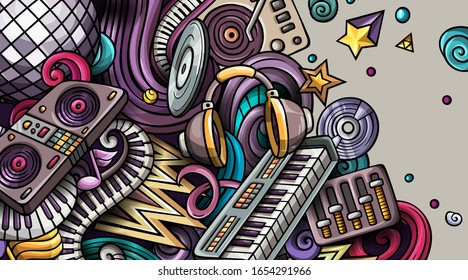 Disco Music hand drawn doodle banner. Cartoon detailed flyer. Musical identity with objects and symbols. Color vector design elements background