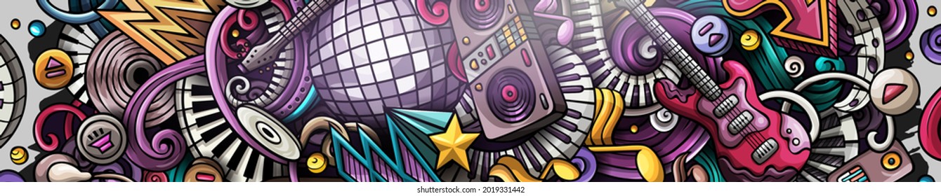 Disco Music hand drawn doodle banner. Cartoon vector detailed flyer. Illustration with musical objects and symbols. Colorful horizontal background