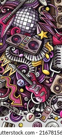 Disco Music hand drawn doodle banner. Cartoon vector detailed flyer. Illustration with musical objects and symbols. Colorful vertical background