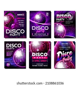 Disco music party poster background set Dance night. Abstract disco music club flyer. Event template. Dj retro party light. Neon banner. Show card. Fashion concert. Pink realistic vector illustration