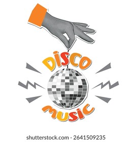 Disco music poster with halftone hand, disco ball and hand written. Cartoon objects with paper cut shapes. Vector collage elements isolated on white background. Designs for use in banner, card.