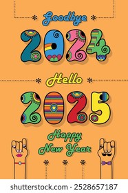 Disco New Year 2025 Greeting Card. Goodbye 2024, hello 2025. Letters are in vibrant disco style, featuring colorful numbers adorned with bright decor. Cartoon hands, one male and one female, share a p