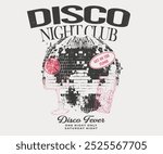 Disco night club. Self love club t shirt design. Disco party ball graphic print design poster. Disco with drink artwork.
