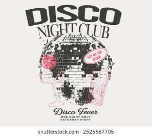 Disco night club. Self love club t shirt design. Disco party ball graphic print design poster. Disco with drink artwork.