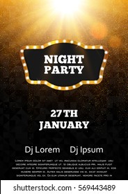 Disco night party poster template. Gold and black vector flyer