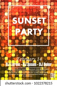 Disco night party vector poster template with shining spotlights background