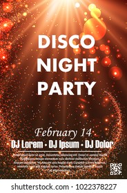 Disco night party vector poster template with shining spotlights background