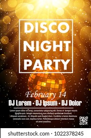 Disco night party vector poster template with shining spotlights background