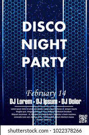 Disco night party vector poster template with shining spotlights background