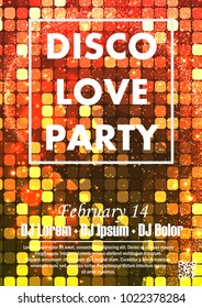 Disco night party vector poster template with shining spotlights background