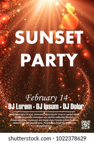 Disco night party vector poster template with shining spotlights background