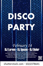 Disco night party vector poster template with shining spotlights background