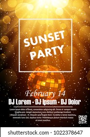 Disco night party vector poster template with shining spotlights background