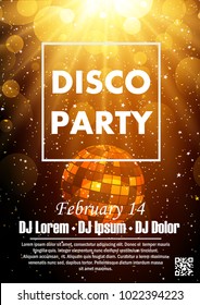 Disco night party vector poster template with shining spotlights background