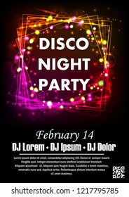 Disco night party vector poster template with shining golden spotlights background