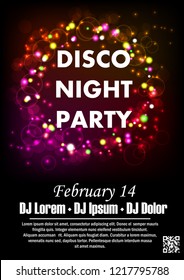 Disco night party vector poster template with shining golden spotlights background