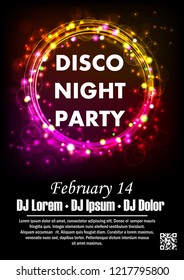 Disco night party vector poster template with shining golden spotlights background