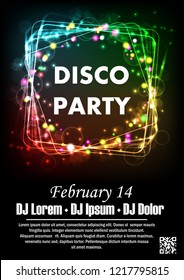 Disco night party vector poster template with shining golden spotlights background