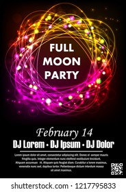 Disco night party vector poster template with shining golden spotlights background