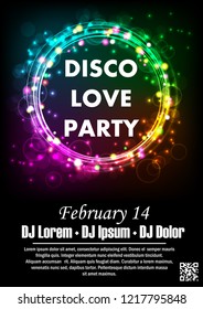 Disco night party vector poster template with shining golden spotlights background