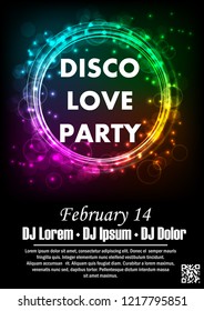 Disco night party vector poster template with shining golden spotlights background