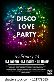 Disco night party vector poster template with shining golden spotlights background