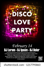 Disco night party vector poster template with shining golden spotlights background