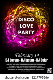 Disco night party vector poster template with shining golden spotlights background