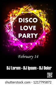 Disco night party vector poster template with shining golden spotlights background
