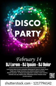 Disco night party vector poster template with shining background