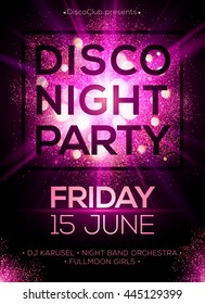 Disco night party vector poster template with shining pink spotlights background