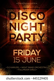 Disco Night Party Vector Poster Template With Shining Golden Spotlights Background
