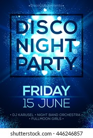 Disco night party vector poster template with shining blue shining spotlights background