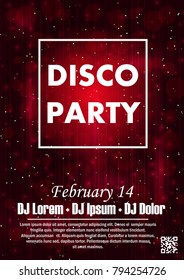 Disco night party vector poster template with shining golden spotlights background